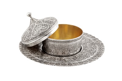 Lot 158 - A rare mid to late 19th century Anglo - Indian silver butter dish on stand, Kashmir circa 1870