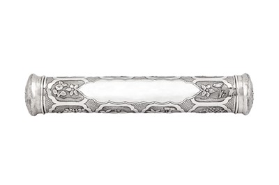 Lot 58 - An early 20th century Anglo – Indian unmarked silver scroll holder, Calcutta circa 1920