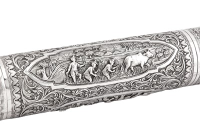 Lot 58 - An early 20th century Anglo – Indian unmarked silver scroll holder, Calcutta circa 1920