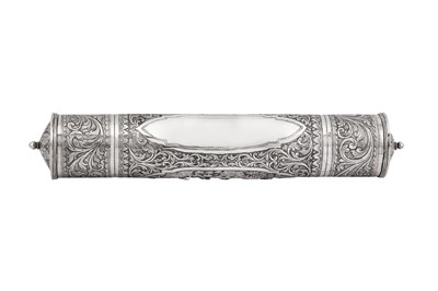 Lot 58 - An early 20th century Anglo – Indian unmarked silver scroll holder, Calcutta circa 1920