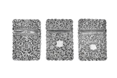 Lot 189 - Three late 19th century Anglo – Indian unmarked silver card cases, Cutch circa 1890