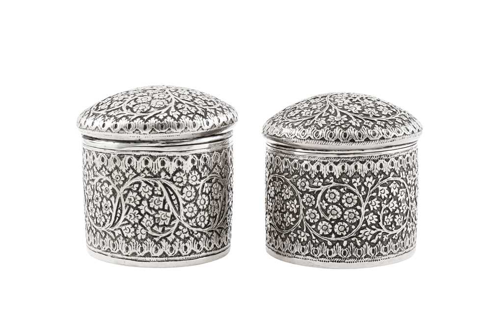 Lot 144 - Two late 19th / early 20th century Anglo – Indian unmarked silver dressing table jars, Kashmir circa 1900