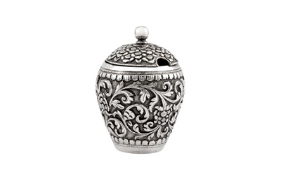 Lot 195 - A late 19th century Anglo – Indian silver cruet mustard pot, Cutch, Bhuj circa 1890 by Oomersi Mawji (active 1860-90)