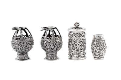 Lot 142 - A  pair of late 19th / early 20th century Anglo – Indian unmarked silver salts, Kashmir circa 1900