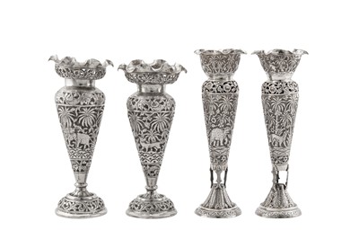 Lot 111 - Two pairs of early 20th century Anglo – Indian unmarked silver posy vases, Lucknow circa 1910