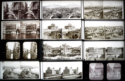 Lot 132 - Around 40 European Glass Stereo Positives, One Featuring a Photographer's "Dark Box".