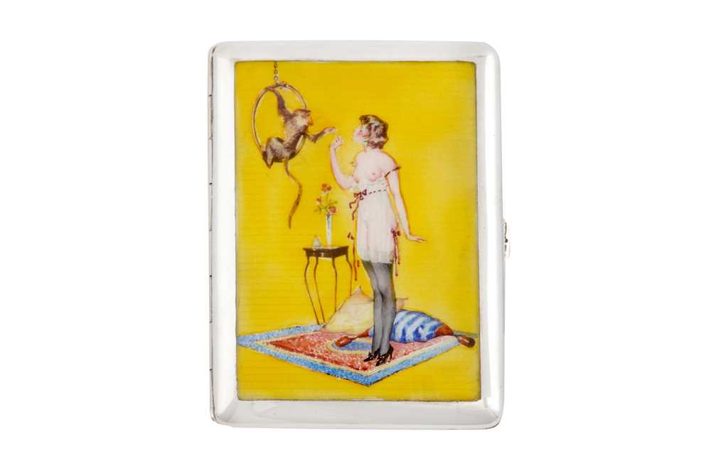 Lot 257 - AN EARLY 20TH CENTURY AUSTRIAN SILVER AND ENAMEL NOVELTY EROTIC CIGARETTE CASE, VIENNA CIRCA 1915 BY GEORG ADAM SCHEID (1838-1921, REG. 1882)