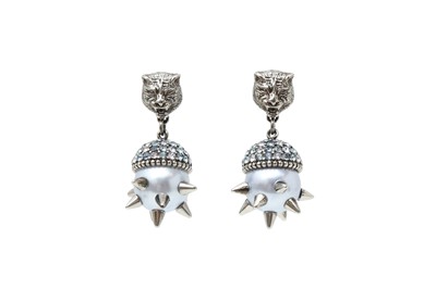 Lot 563 - Gucci Blue Feline Pearl Drop Pierced Earrings
