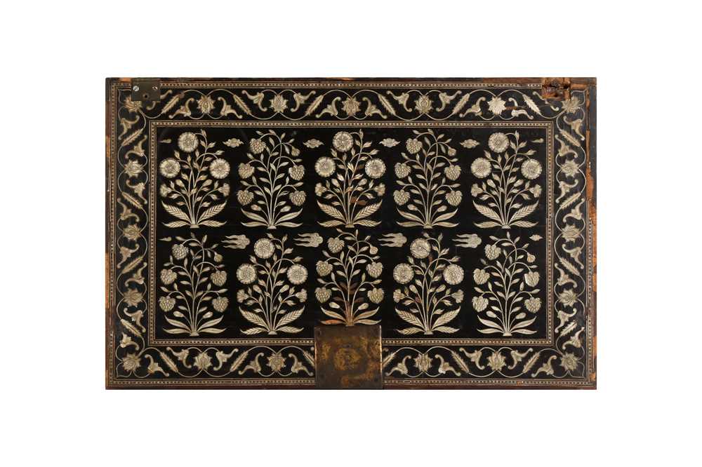 Lot 250 - λ AN INDO-PORTUGUESE IVORY-INLAID HARDWOOD FURNITURE PANEL