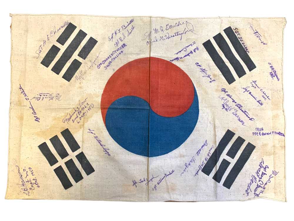 Lot 342 - KOREAN WAR FLAG SIGNED BY U.N. EIGHTH ARMY PERSONNEL, 1950