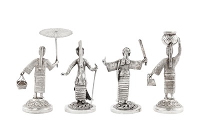 Lot 7 - Two pairs of late 19th / early 20th century Burmese unmarked silver menu holders, Rangoon circa 1900