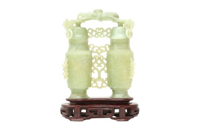 Lot 503 - A CHINESE PALE CELADON HARDSTONE CHAMPION VASE AND COVER
