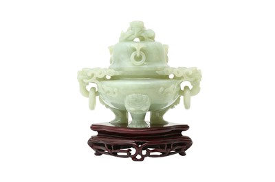 Lot 504 - A CHINESE PALE CELADON HARDSTONE 'DRAGON' CENSER AND COVER