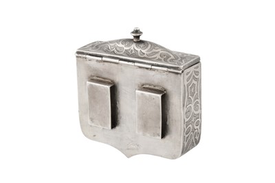 Lot 360 - A SILVER REPOUSSÉ GUNPOWDER CARTRIDGE CASE (PALASKA) WITH ARMORIAL DECORATION