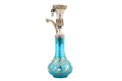 Lot 335 - AN ENAMELLED AND GILT LIGHT BLUE CLEAR GLASS HUQQA (WATER PIPE) BASE