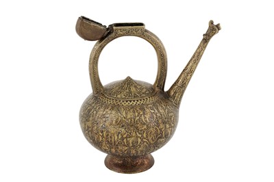 Lot 161 - A ZAND ENGRAVED BRASS 'KENDI' EWER WITH FIGURAL AND MYTHOLOGICAL DECORATION