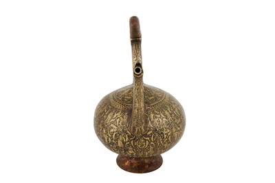 Lot 161 - A ZAND ENGRAVED BRASS 'KENDI' EWER WITH FIGURAL AND MYTHOLOGICAL DECORATION