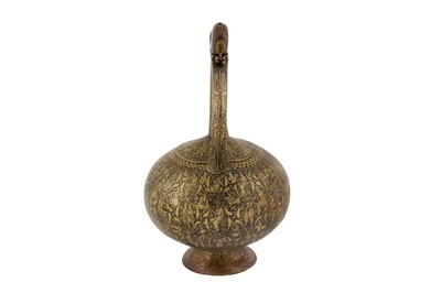 Lot 161 - A ZAND ENGRAVED BRASS 'KENDI' EWER WITH FIGURAL AND MYTHOLOGICAL DECORATION