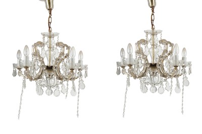 Lot 244 - TWO SIX BRANCH BRASS AND FACETED GLASS CHANDELIERS