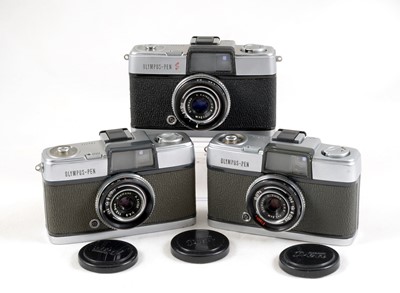 Lot 114 - Three Olympus Pen Half Frame Film Cameras.