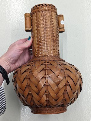 Lot 1023 - A JAPANESE WOVEN BAMBOO IKEBANA VASE