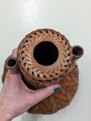 Lot 1023 - A JAPANESE WOVEN BAMBOO IKEBANA VASE