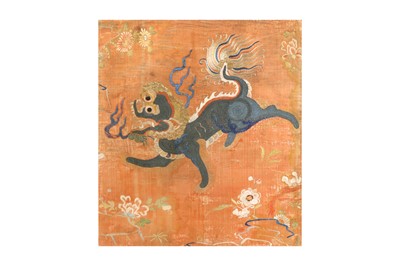 Lot 592 - A CHINESE SILK EMBROIDERED 'LION' PANEL