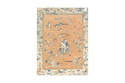 Lot 588 - A CHINESE SILK EMBROIDERED 'BOYS AND QILIN' PANEL