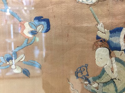 Lot 588 - A CHINESE SILK EMBROIDERED 'BOYS AND QILIN' PANEL