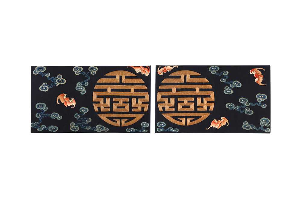 Lot 589 - A PAIR OF CHINESE SILK EMBROIDERED 'WUFU SHOU' PANELS