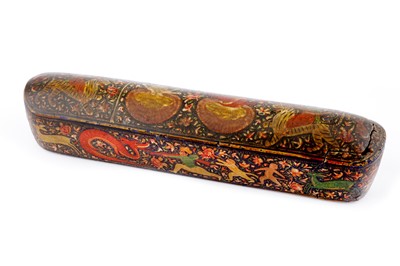 Lot 303 - A KASHMIRI POLYCHROME-PAINTED LACQUERED PAPIER-MÂCHÉ PENCIL CASE WITH HINDU DEITIES