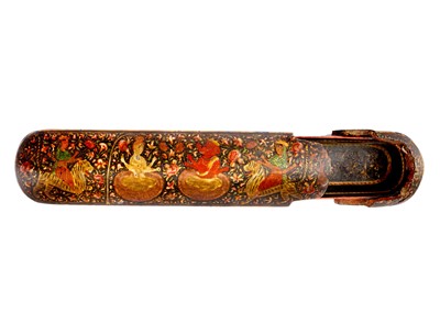 Lot 303 - A KASHMIRI POLYCHROME-PAINTED LACQUERED PAPIER-MÂCHÉ PENCIL CASE WITH HINDU DEITIES