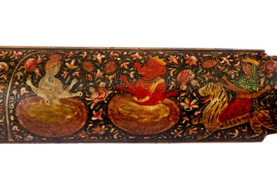 Lot 303 - A KASHMIRI POLYCHROME-PAINTED LACQUERED PAPIER-MÂCHÉ PENCIL CASE WITH HINDU DEITIES