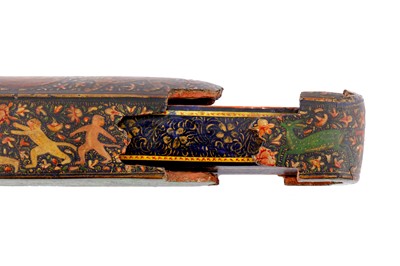 Lot 303 - A KASHMIRI POLYCHROME-PAINTED LACQUERED PAPIER-MÂCHÉ PENCIL CASE WITH HINDU DEITIES