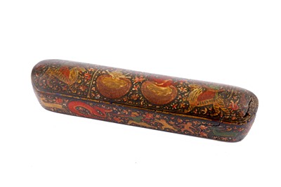 Lot 303 - A KASHMIRI POLYCHROME-PAINTED LACQUERED PAPIER-MÂCHÉ PENCIL CASE WITH HINDU DEITIES