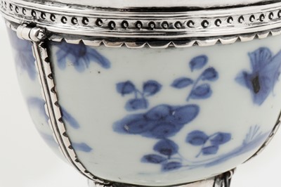 Lot 428 - The de Pinna cup - An unrecorded Elizabeth I unmarked silver mounted Chinese porcelain bowl, the mounts English circa 1580-1600