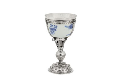 Lot 428 - The de Pinna cup - An unrecorded Elizabeth I unmarked silver mounted Chinese porcelain bowl, the mounts English circa 1580-1600