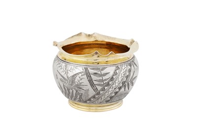 Lot 392 - A Victorian ‘aesthetic movement’  parcel gilt sterling silver sugar bowl, London 1882 by George Foxctorian parcel gilt silver ‘aesthetic movement’ sugar bowl, London 1882 by George Fox