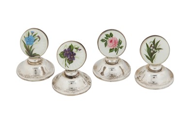 Lot 84 - A cased set of George V sterling silver and guilloche enamel menu holders, Birmingham 1911 by Lawrence Emanuel
