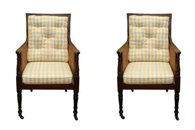 Lot 208 - A PAIR OF REGENCY STYLE MAHOGANY BERGERE ARMCHAIRS, LATE 19TH CENTURY