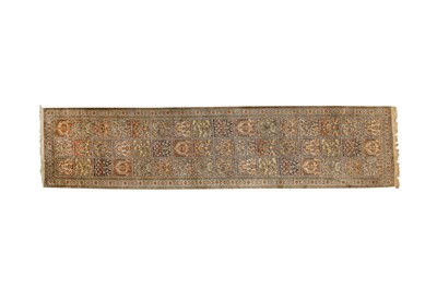 Lot 1366 - A FINE KASHMIR SILK RUNNER WITH GARDEN DESIGN, NORTH INDIA