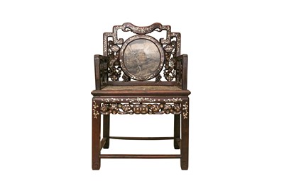Lot 152 - A CHINESE HARDWOOD, MOTHER-OF-PEARL AND MARBLE-INSET OPEN ARMCHAIR