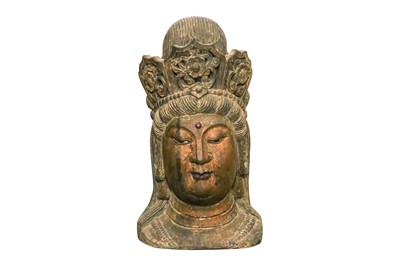 Lot 162 - A CHINESE PAINTED WOOD HEAD OF GUANYIN