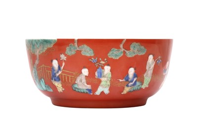 Lot 881 - A CHINESE FAMILLE-VERTE CORAL-GROUND 'BOYS' BOWL