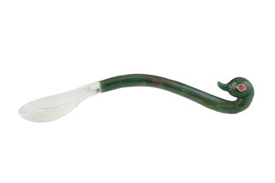 Lot 310 - A MUGHAL CARVED SPINACH-GREEN NEPHRITE JADE AND ROCK CRYSTAL 'DUCK' SPOON
