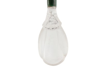 Lot 310 - A MUGHAL CARVED SPINACH-GREEN NEPHRITE JADE AND ROCK CRYSTAL 'DUCK' SPOON