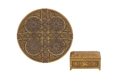Lot 445 - A GOLD-DAMASCENED TOLEDO PLATE AND CASKET