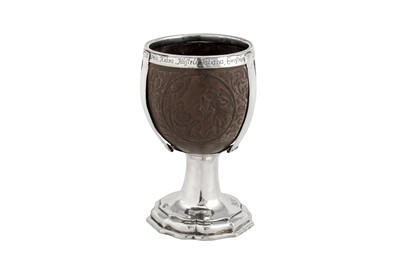 Lot 439 - A George III Scottish provincial silver mounted coconut cup, Glasgow circa 1770 by Adam Graham (active 1763-1818)