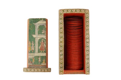 Lot 346 - A SET OF POLYCHROME-PAINTED AND LACQUERED NINETY-TWO GANJIFA PLAYING CARDS WITH LIDDED BOX