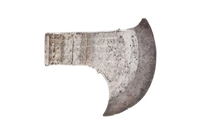 Lot 271 - A PARCEL-GILT SILVER-DAMASCENED STEEL SADDLE-AXE HEAD (TABARZIN)